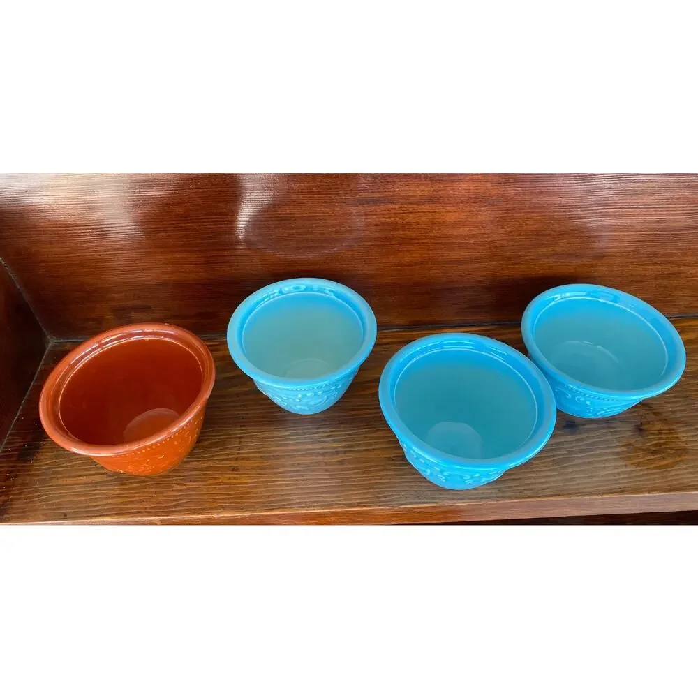 4 T.S.T. Oven Serve Ware Cups 3 Blue 1 Brown